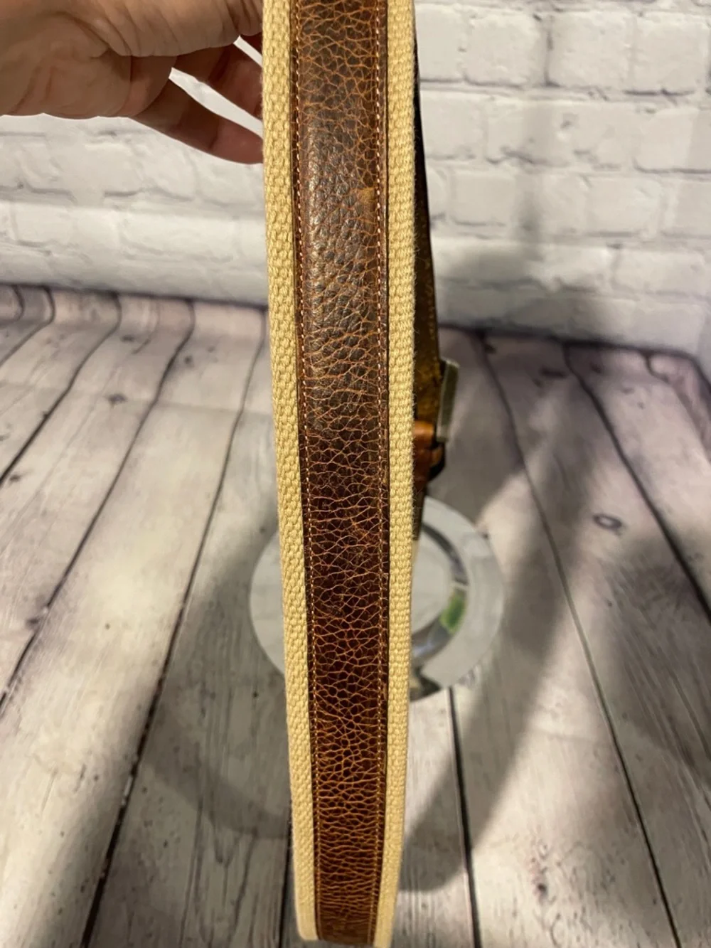 Columbia Brown Leather and Beige Canvas Belt Strap